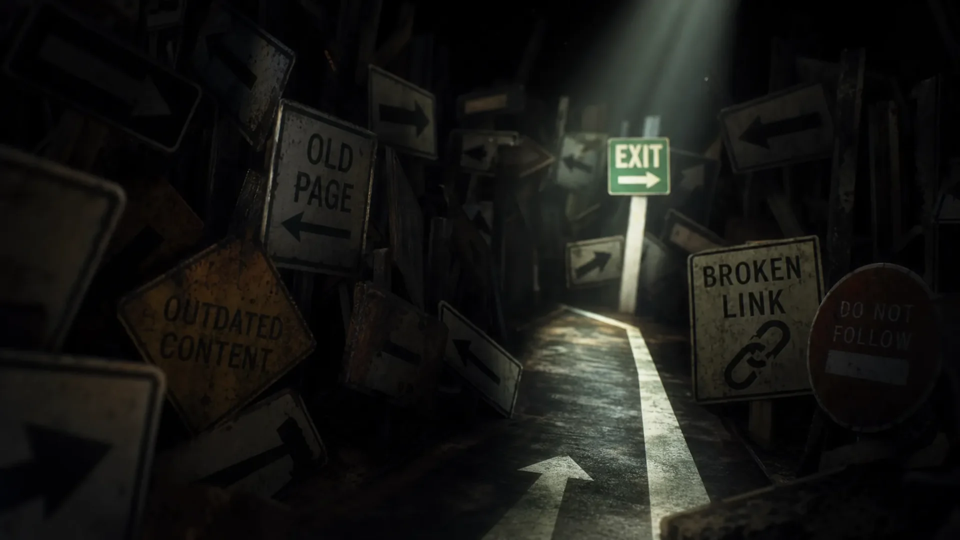 A maze of old road signs and broken arrows in heavy shadow, with one narrow beam of light pointing towards a clear exit path, symbolising correct redirects after a website redesign.