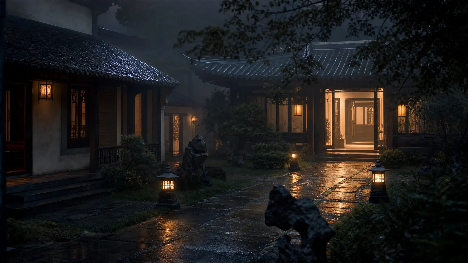 A misty courtyard with stone pathways linking several lit doorways, with one brighter doorway standing out as the main destination.