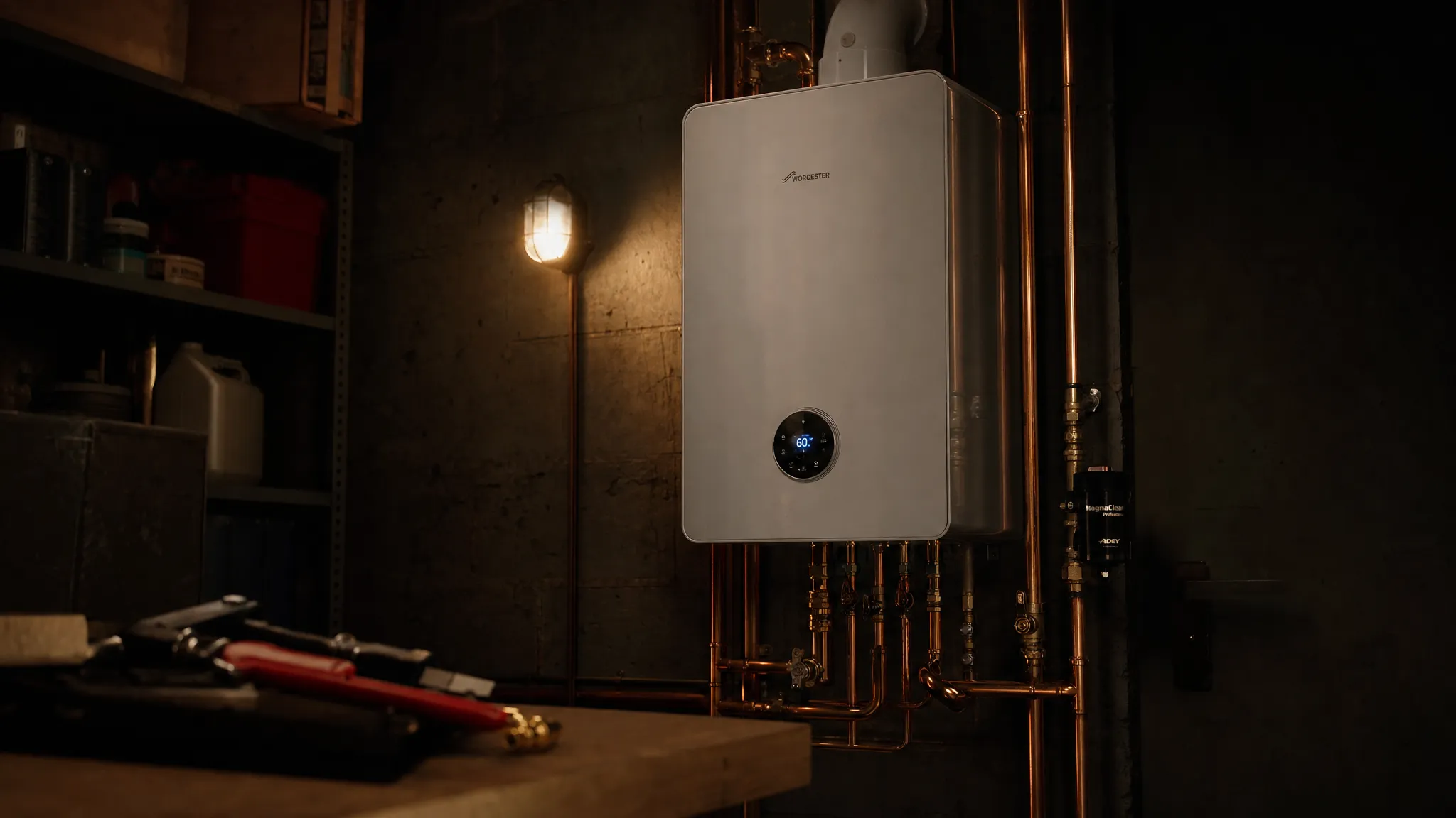 A newly installed boiler in a dark utility room, with copper pipes catching the light and a few neatly placed tools in the foreground, half-lit by a single warm lamp and deep shadow around the edges.