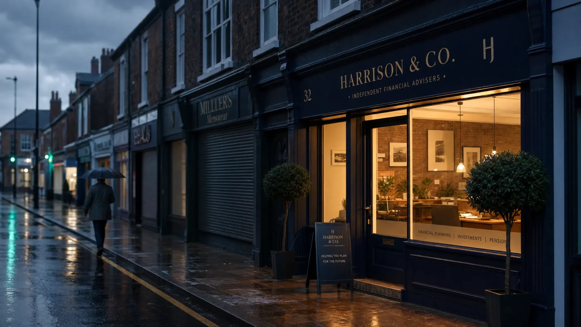 A rain-soaked British high street at dusk with one small business frontage warmly lit among darker closed shops, suggesting a local company staying visible while competitors fade into the background.