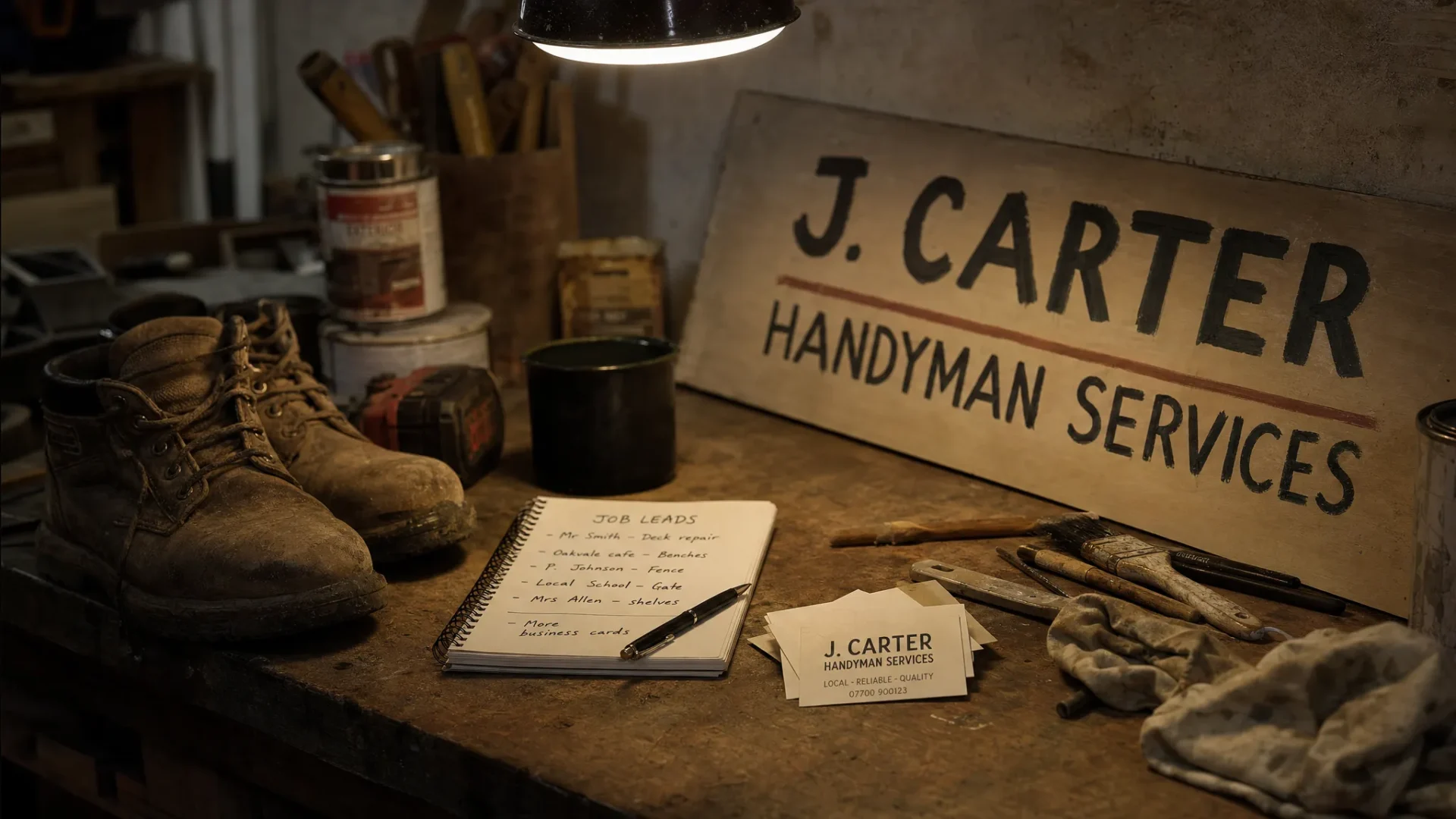 A single workbench under a warm overhead light with fresh business cards, a notebook of job leads, scuffed work boots, and a half-painted local shop sign, suggesting the first steps of building a sole trader business from scratch.