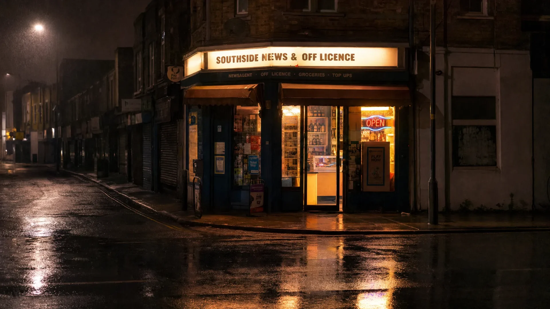 A small local shop on a rainy evening with warm light spilling from the doorway and a bright sign reflected on wet pavement, while surrounding storefronts fade into shadow.