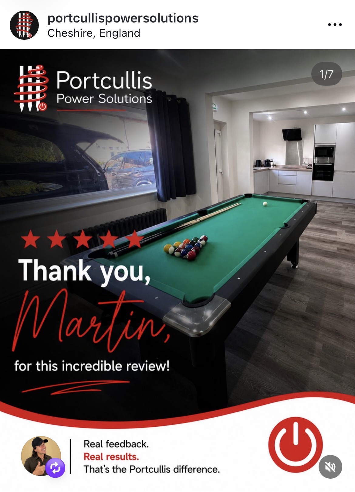 Portcullis Power Solutions branded Instagram carousel post thanking a customer for a five star review