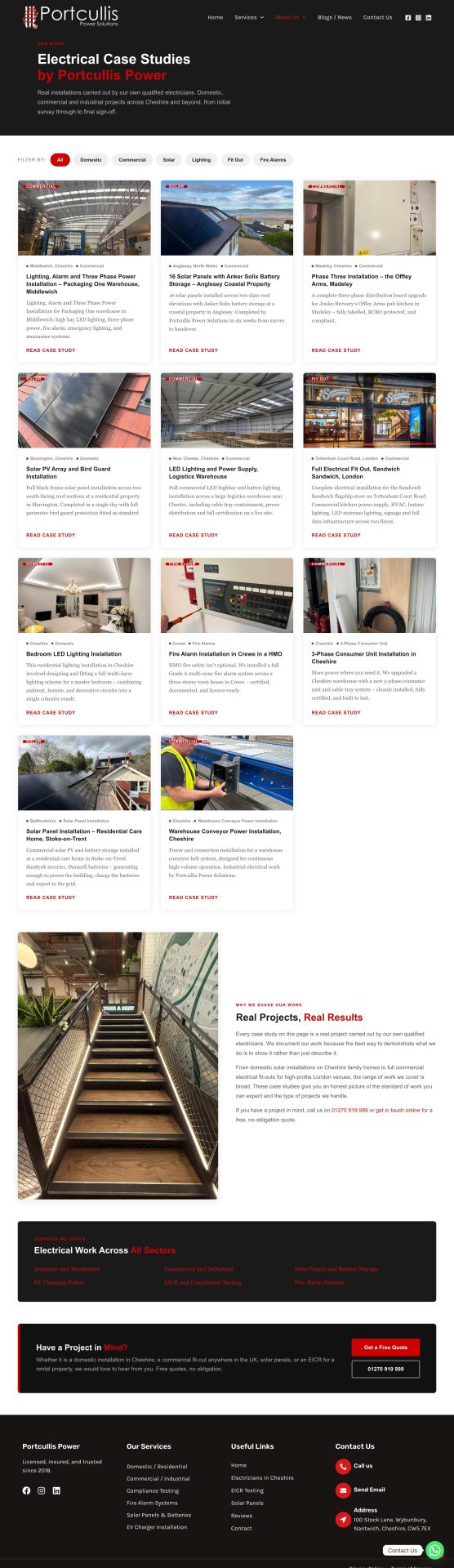 Portcullis Power Solutions filterable case studies page showing real completed electrical projects