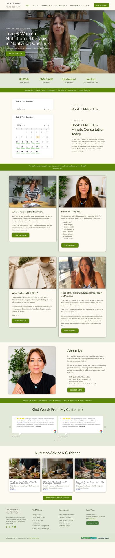 Tracey Warren Nutrition homepage showing booking calendar, testimonials and service overview