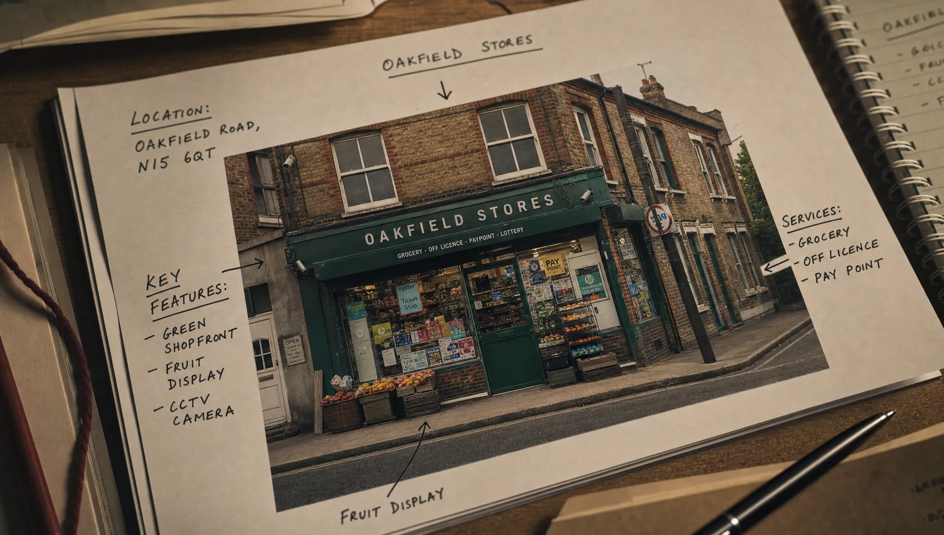 A close-up of a printed photograph of a local shopfront on a desk, with handwritten labels around it identifying the location, visible features, and services in the picture.