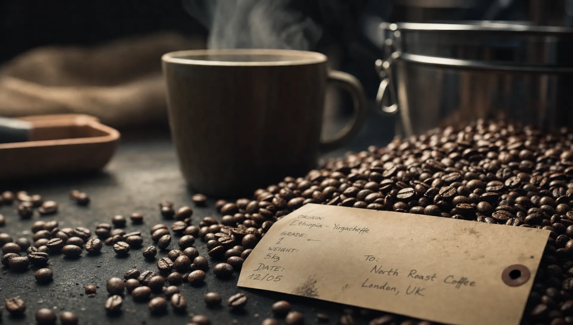 A close-up of roasted coffee beans scattered across a dark workbench beside a handwritten shipping label, with steam rising from a cup in the background.