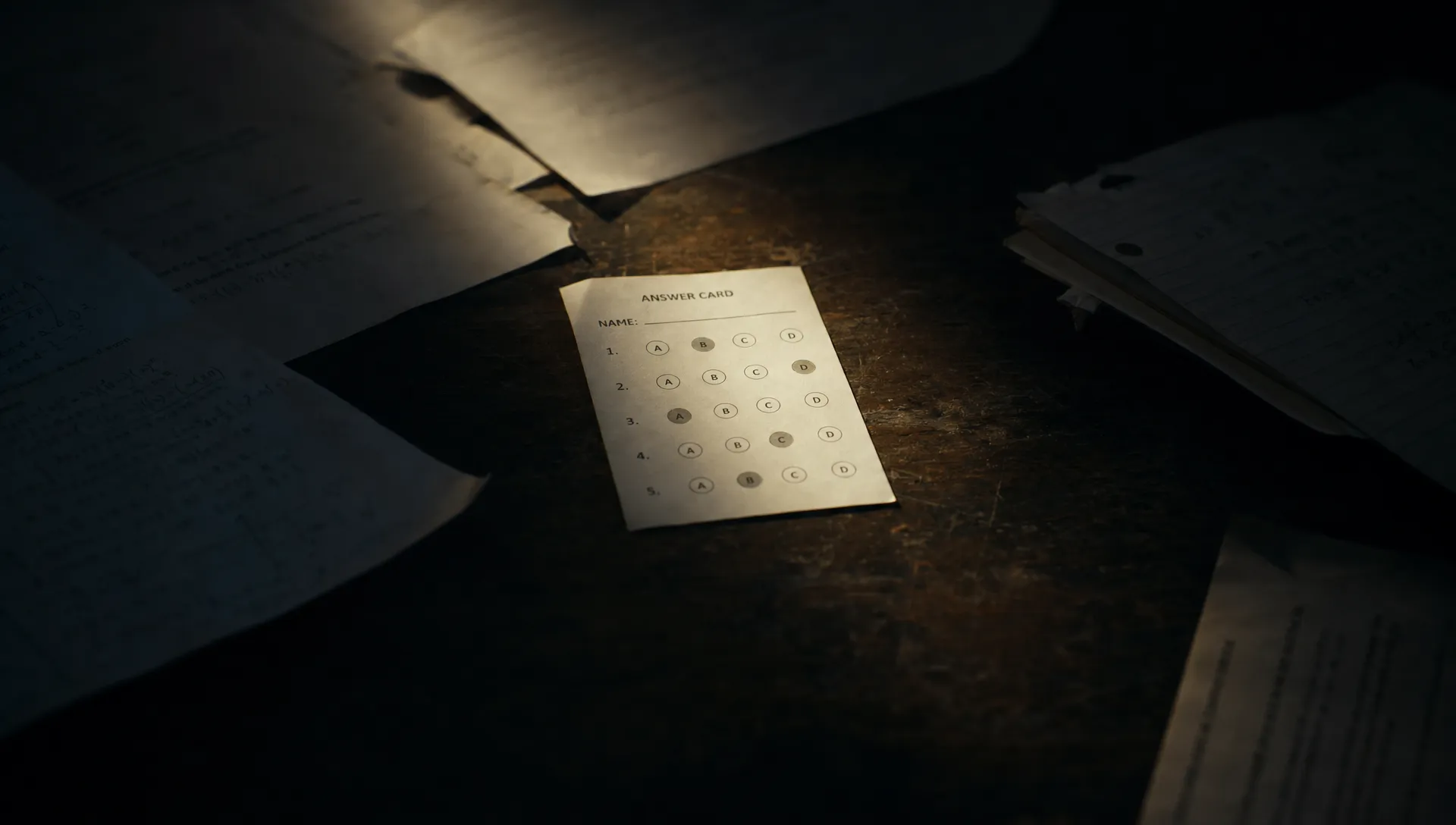A dark desk covered with scattered paper pages, with one small answer card lit by a sharp beam of light while the surrounding pages fade into shadow.