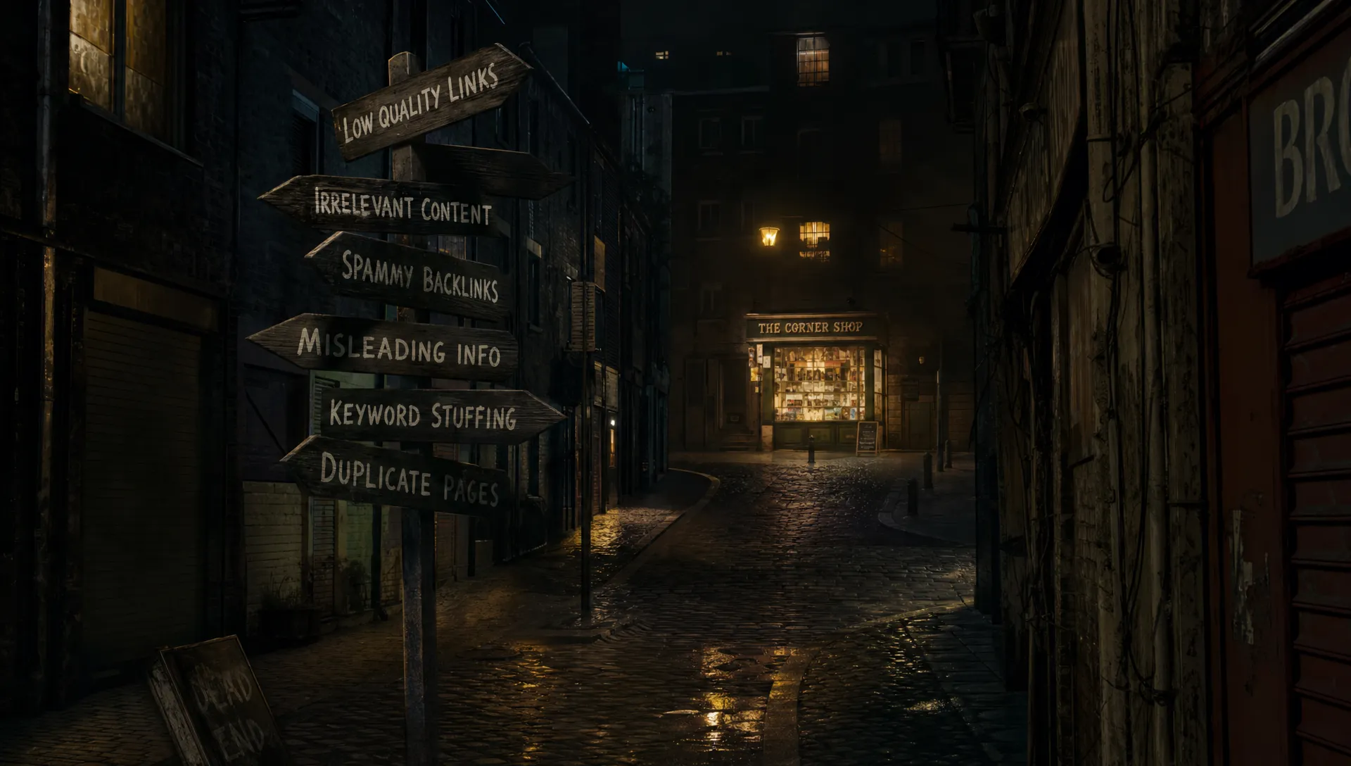 A dark maze of narrow streets at night, with mismatched signposts pointing in different directions and one small shopfront glowing in the distance. The scene feels moody and atmospheric, showing search engines being sent the wrong signals.