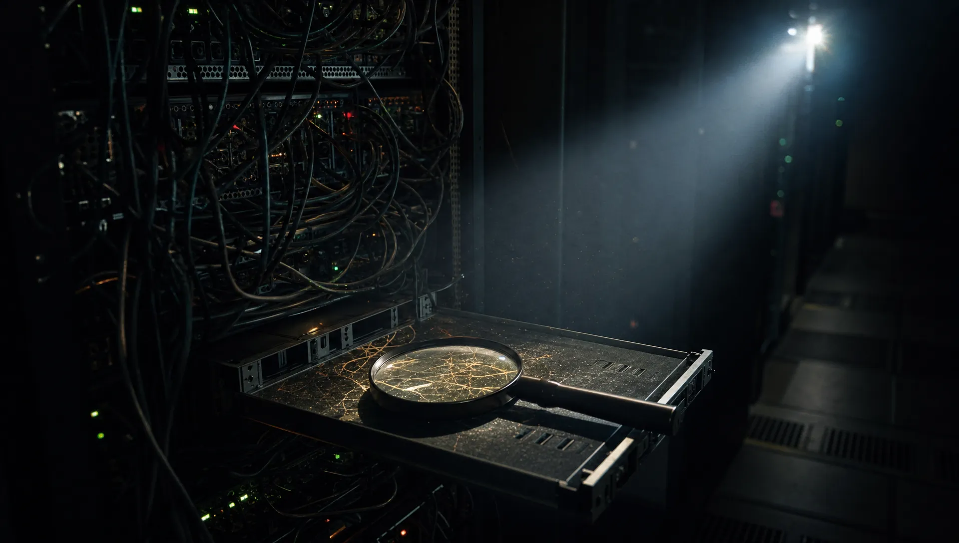 A dark server rack with tangled cables, a magnifying glass on a metal tray and a sharp beam of light revealing hidden faults beneath the surface, creating a dramatic visual metaphor for technical SEO problems being found early.