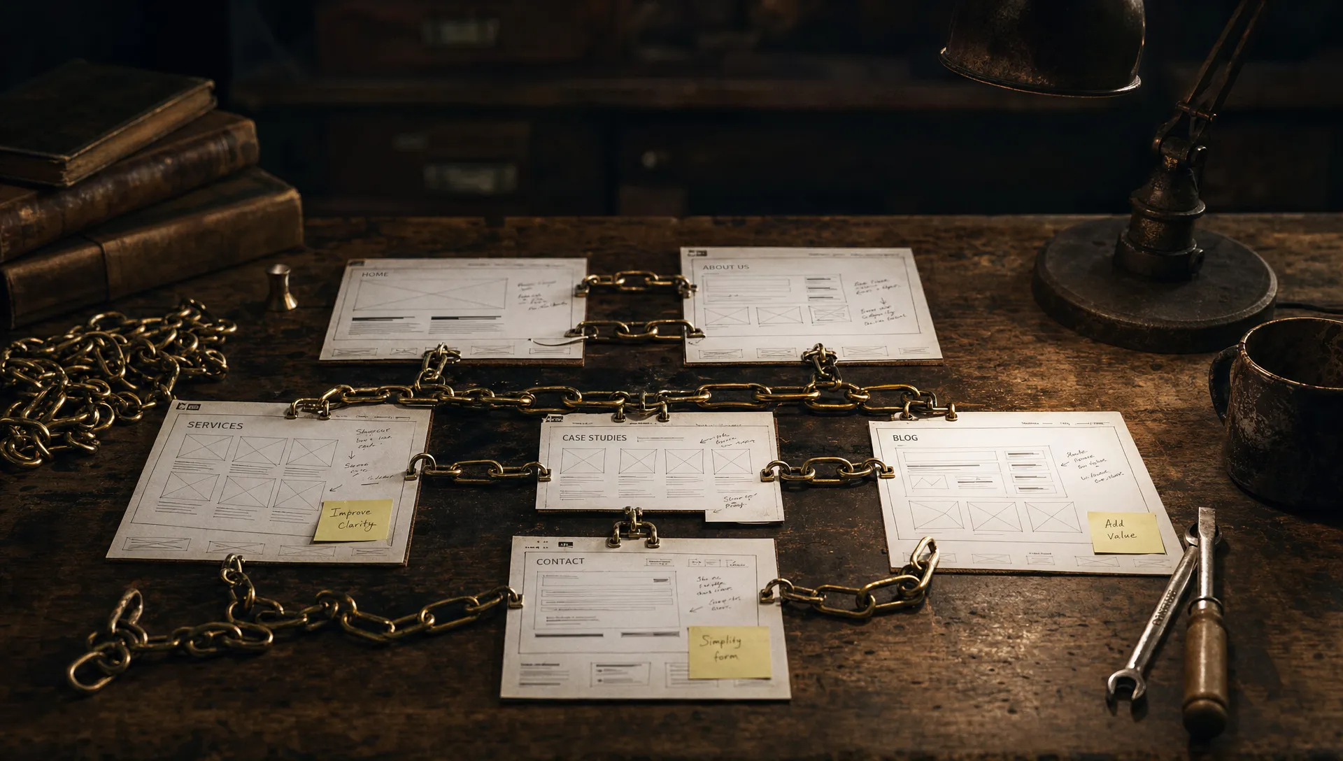 A dark wooden workbench covered with interlinked brass chains, marked-up website pages, and a single desk lamp, creating a visual metaphor for a website structure being repaired and strengthened.