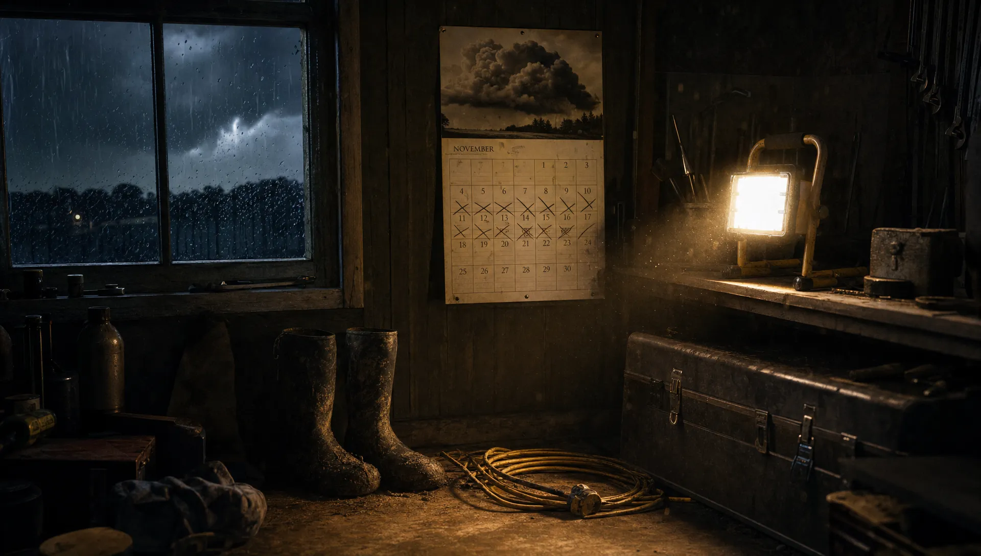A dark workshop at night with muddy boots, a coiled extension lead, a wall calendar marked with storm clouds and crossed-out dates, and a single work light cutting through dust in the air.