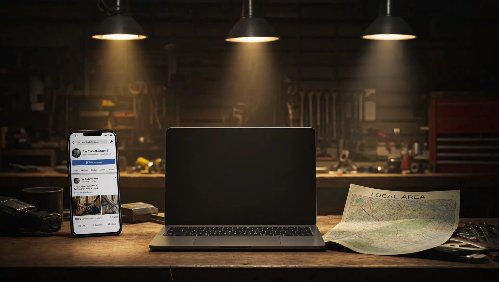 A dark workshop at night with three strong beams of light falling on a workbench, a laptop facing the camera with a blank screen, a mobile phone facing the camera with recent social posts visible, and a folded local map, showing website, SEO and social media working together for a trade business.
