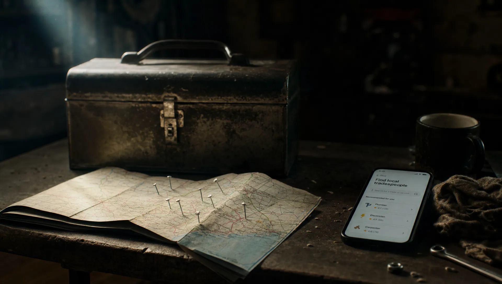 A dark workshop bench lit by a narrow beam of light, with a worn toolbox, a folded local map and small metal address pins suggesting trade work being discovered online.