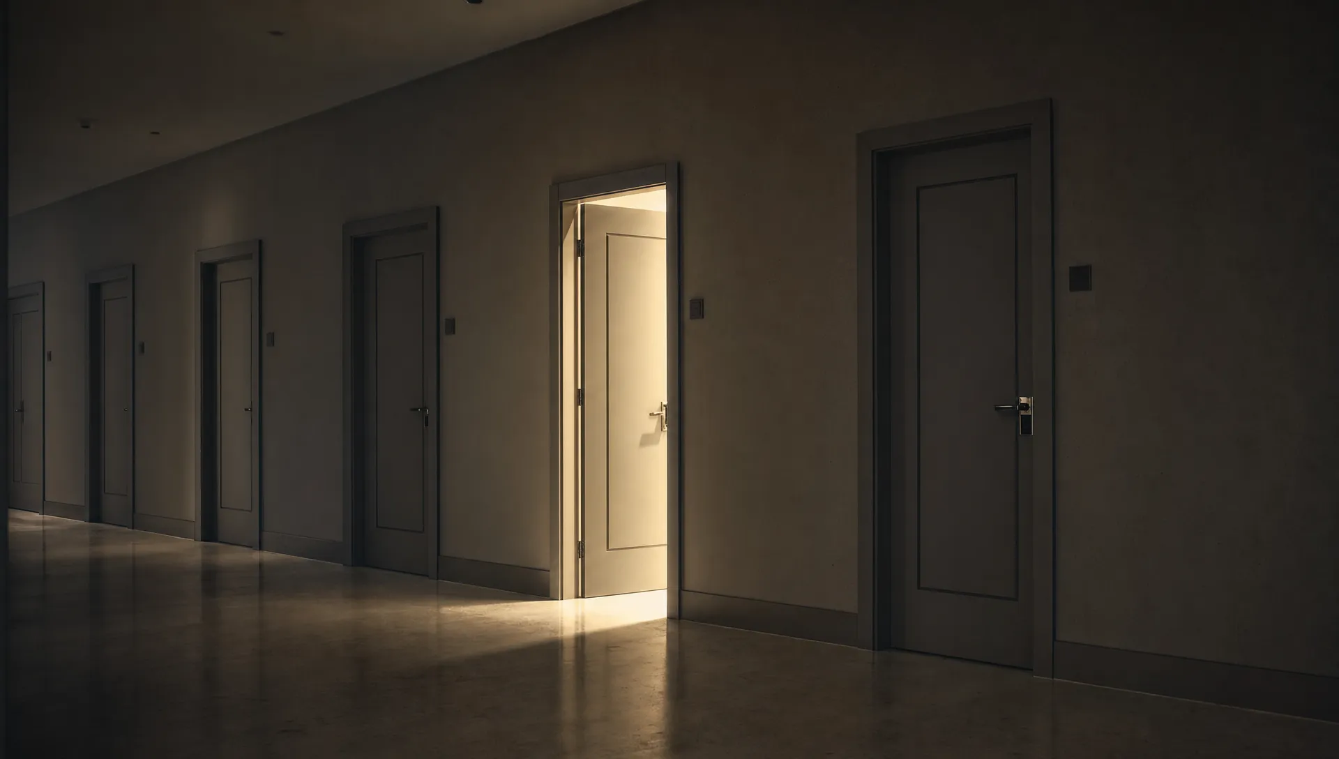 A dim corridor with several nearly identical doors, seen from eye level, where one door is open with light spilling out and the others sit shut in shadow, showing search engines picking one preferred version from repeated content.