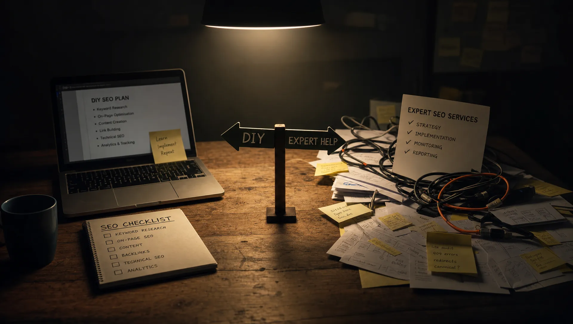 A dim workbench under one overhead lamp, with a notebook, laptop, and checklist on one side and a tangle of notes and cables on the other, symbolising the choice between DIY SEO and expert help.