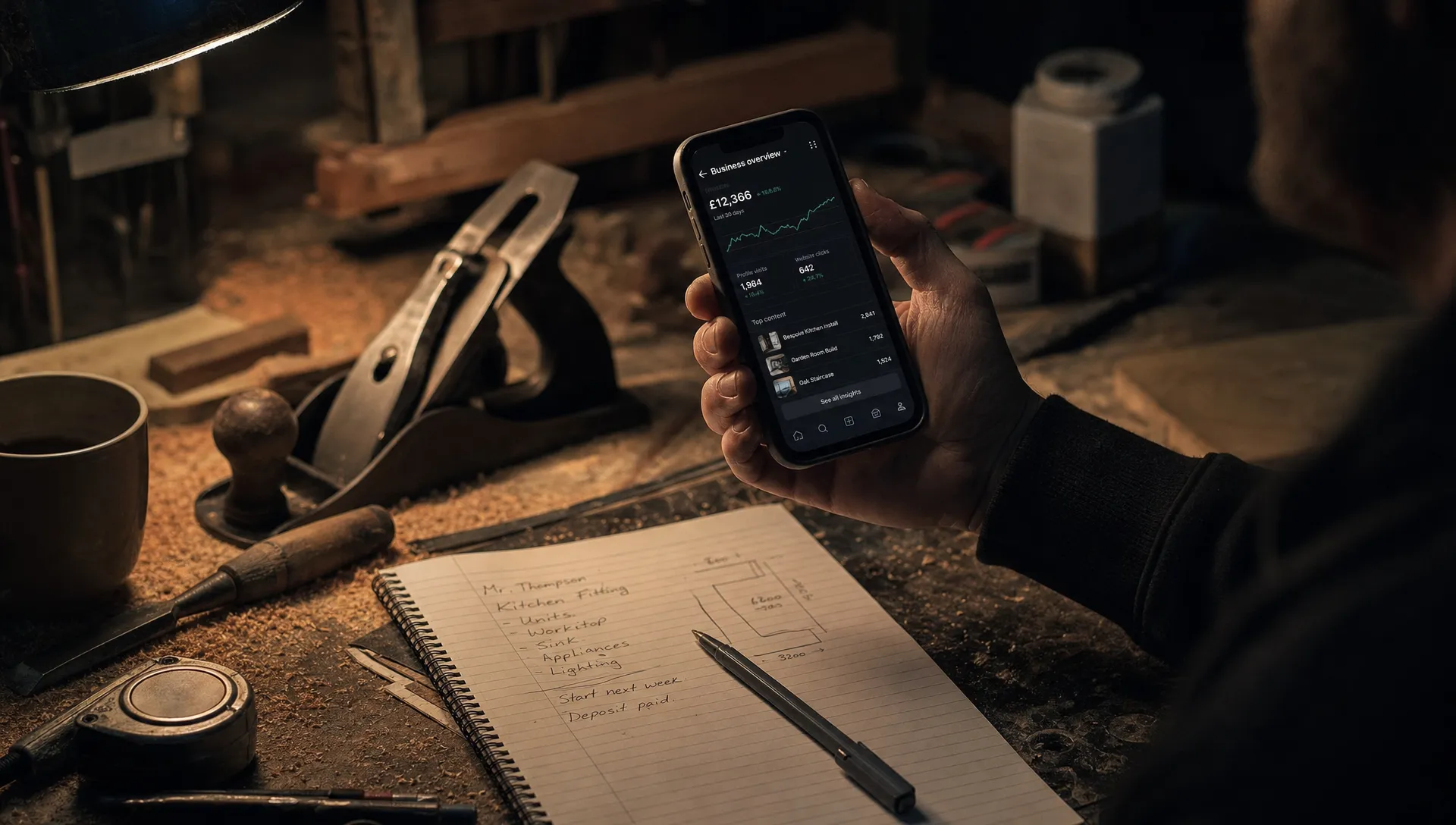 A dimly lit workshop at night with a phone held above worn tools, sawdust and handwritten job notes, suggesting the tension between real trade work and online marketing.