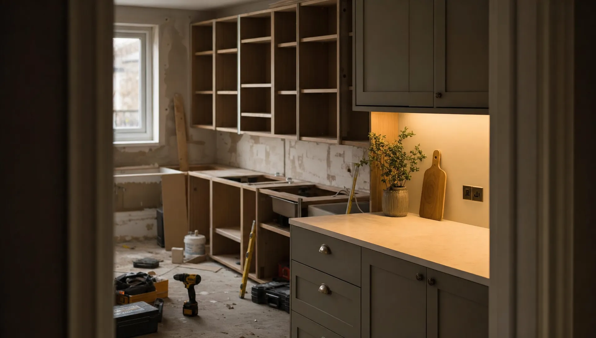 A half-renovated kitchen with exposed cabinets, work tools on the floor and a single warm light over a finished worktop, shown from the doorway so the contrast between the messy room and the finished section is even clearer.