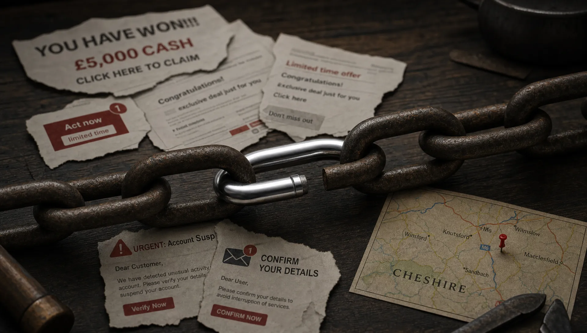 A heavy iron chain crossing a dark wooden workbench, with one polished strong link replacing a weak broken link, surrounded by torn spam email printouts and a small map of Cheshire.