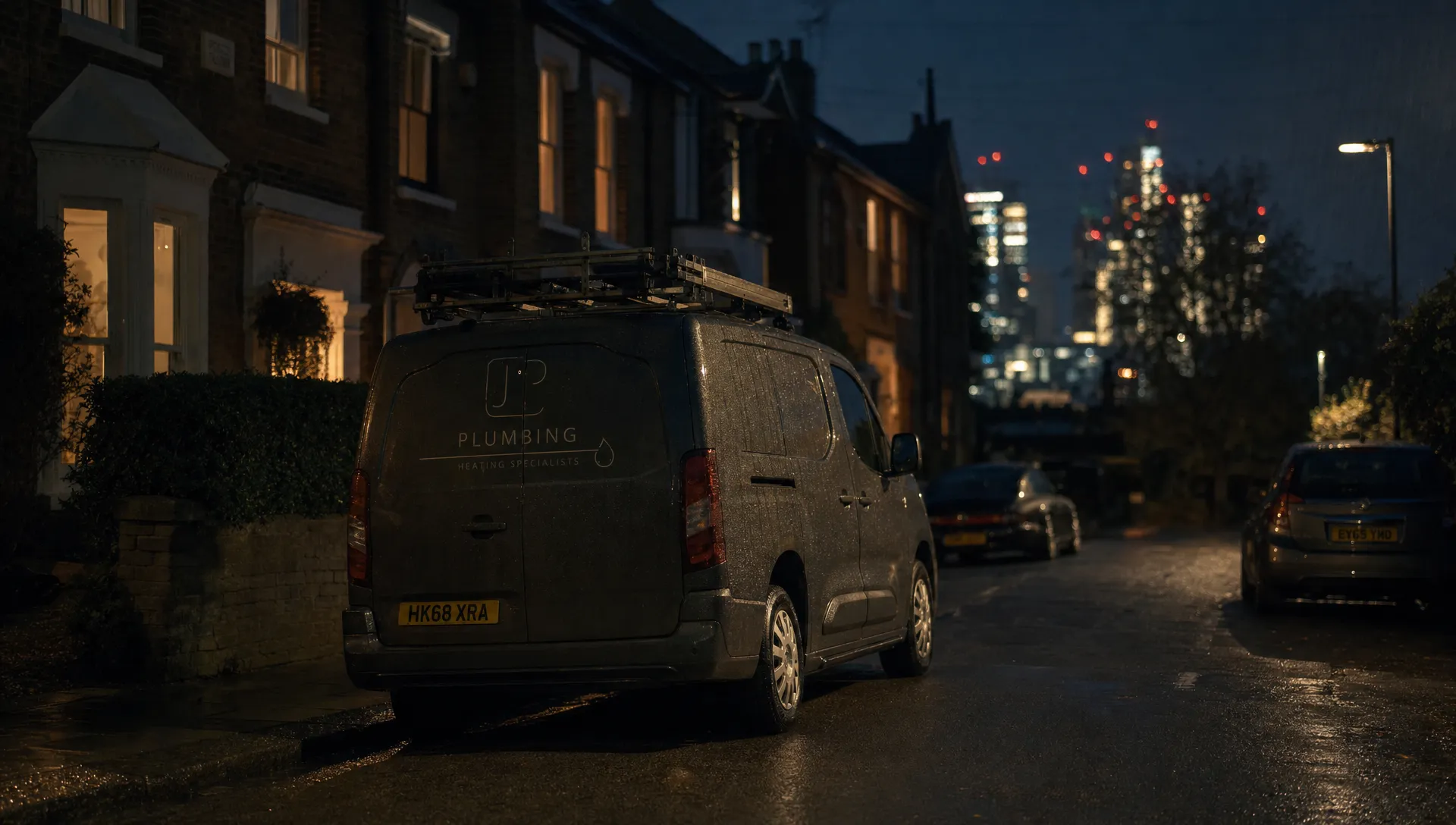 A lone tradesperson’s work van parked on a wet street at night, with warm light from nearby houses and a sense of local jobs waiting nearby.