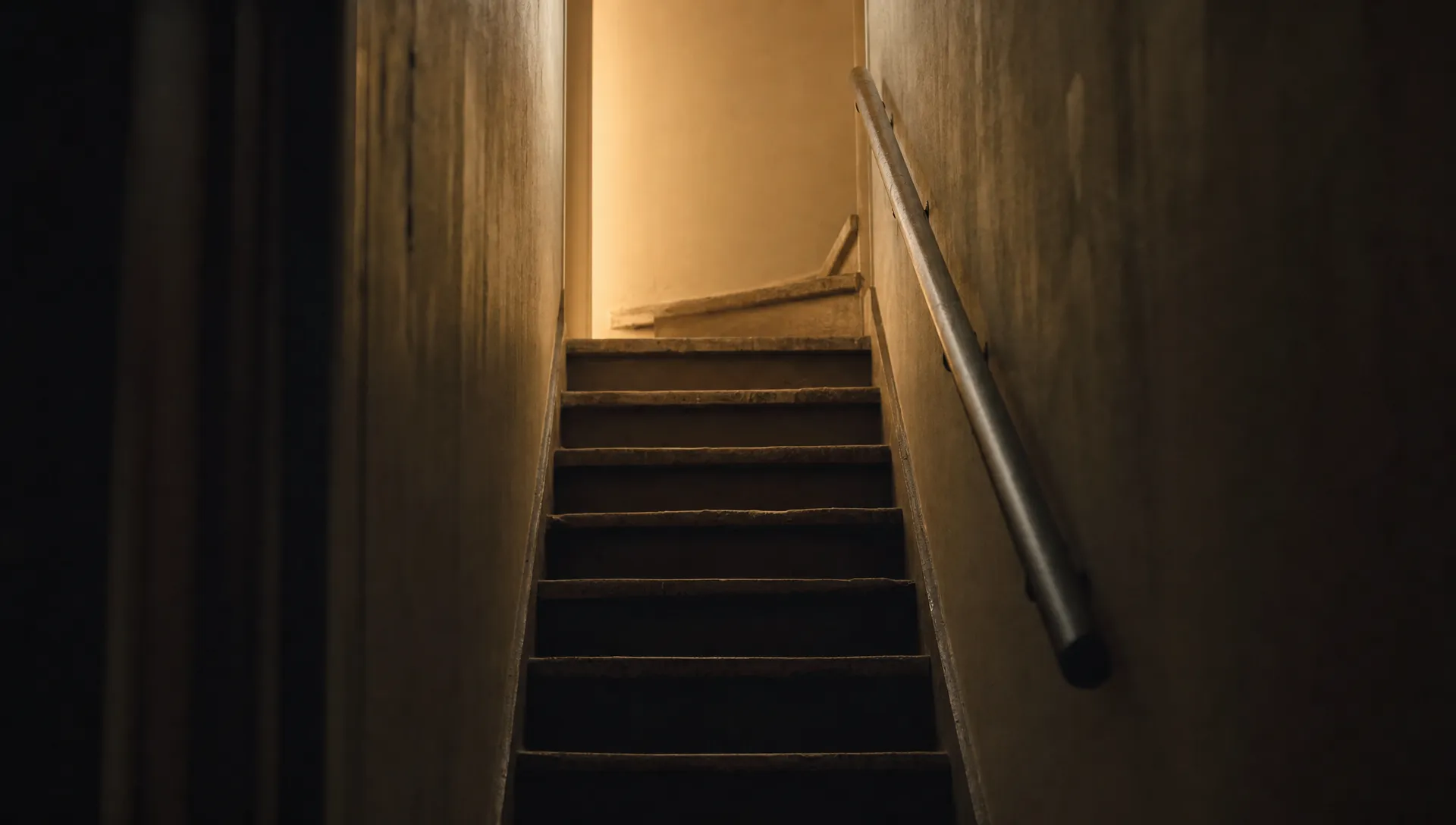 A narrow domestic staircase rising into warm light, with deep shadows below and a single rail following the wall, suggesting safe movement through a difficult space.