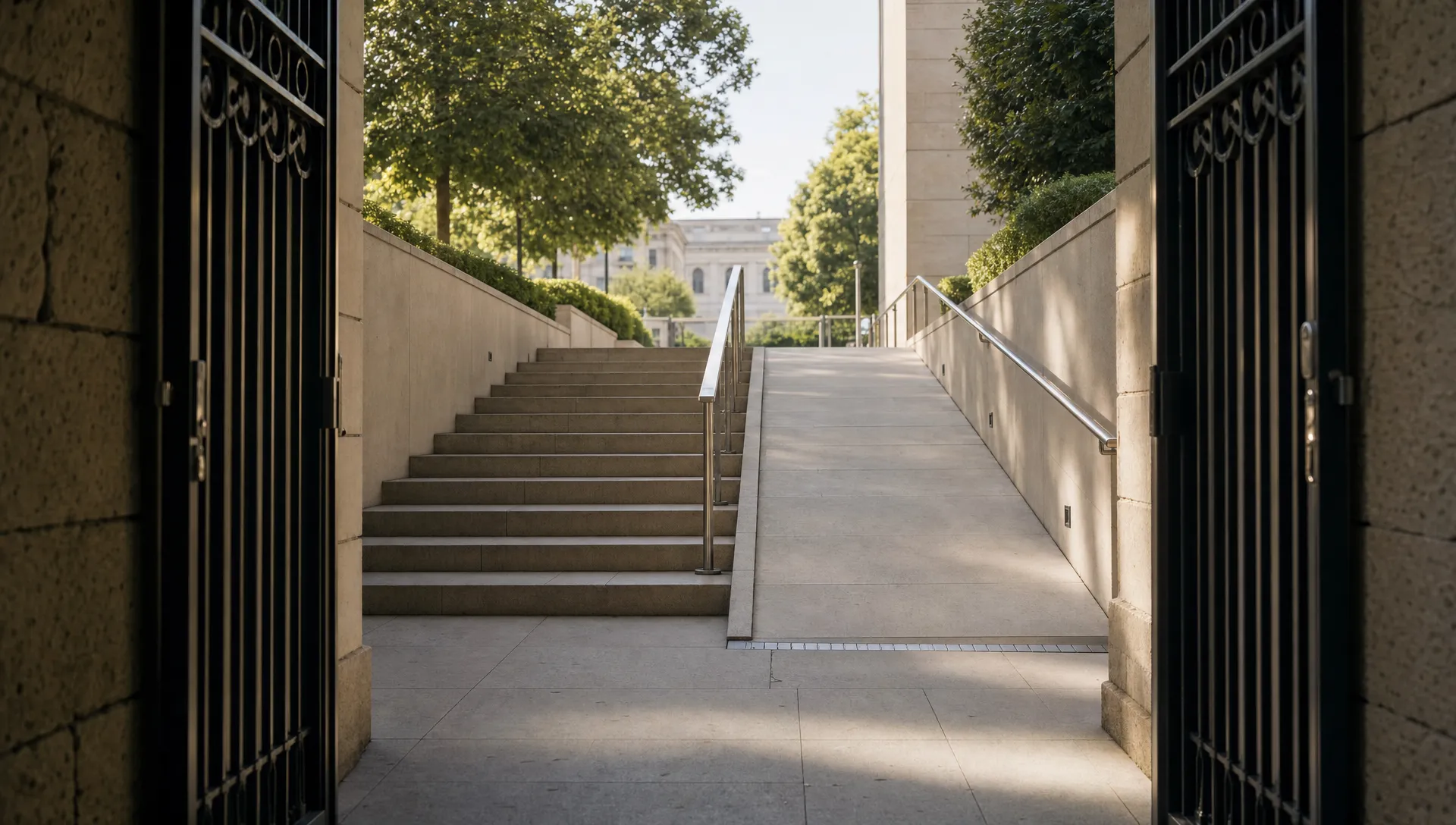 A narrow entrance opening onto a clear, well-lit route, with stairs on one side and a smooth ramp on the other, symbolising a website becoming easier for everyone to access.