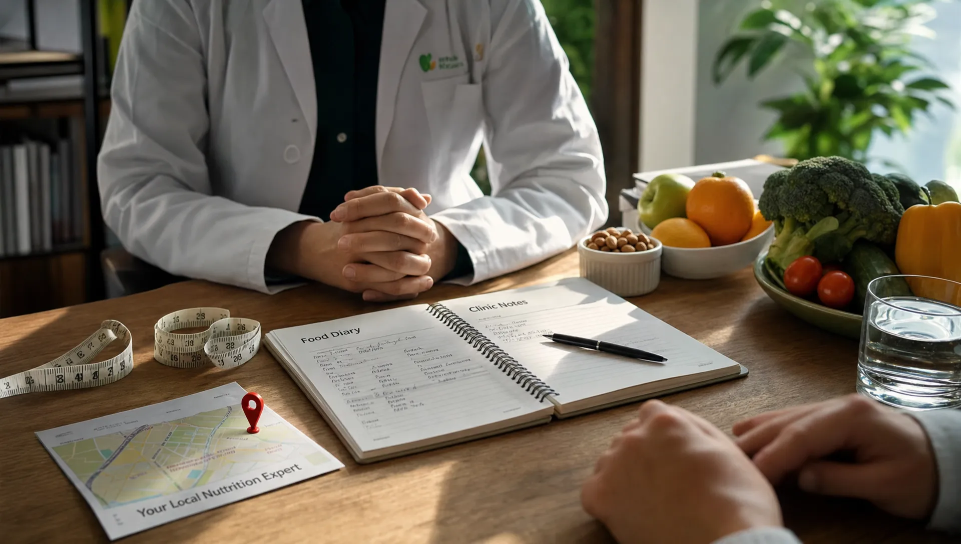 A nutrition consultation table with a food diary, clinic notes, measuring tape, fresh ingredients, and a small map pin under focused light, suggesting local visibility and professional trust.