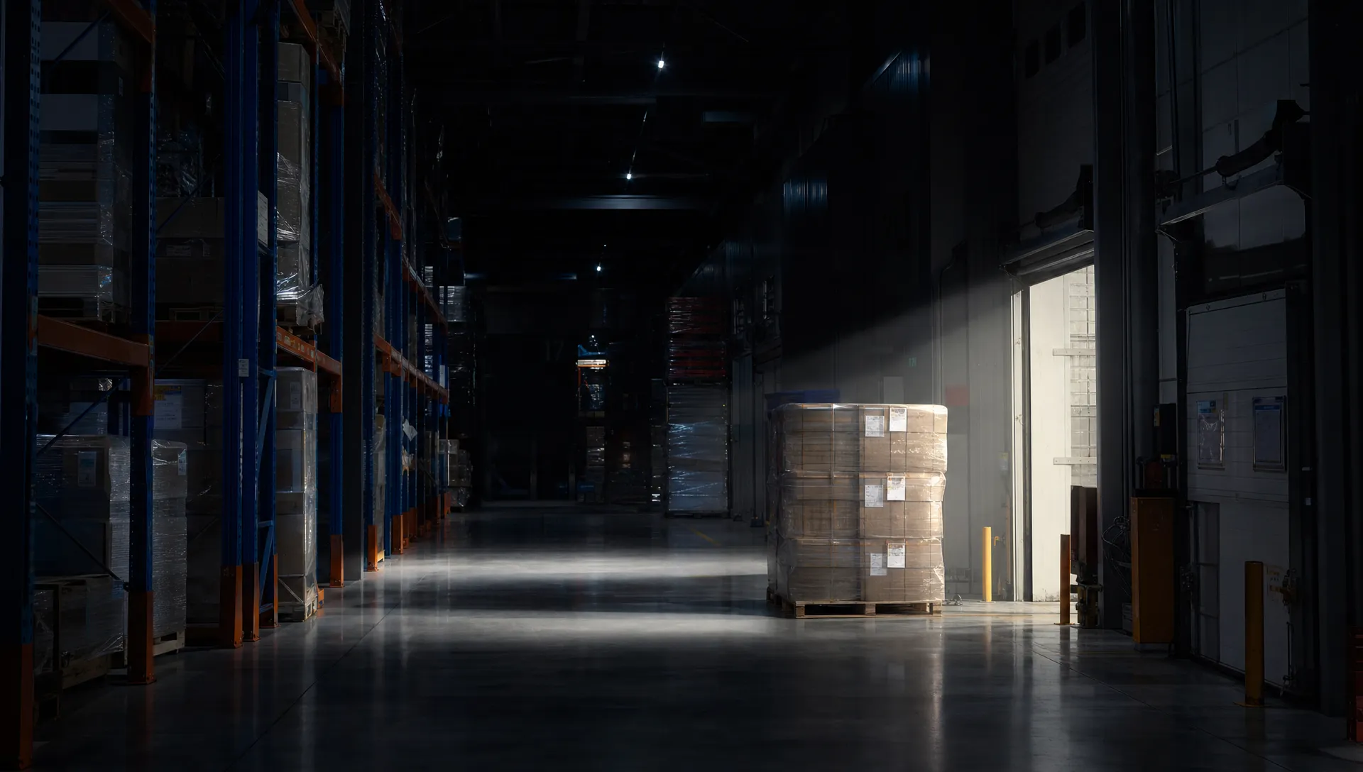 A quiet warehouse aisle at night with tall racking disappearing into shadow, one open loading bay casting a sharp beam of light across stacked pallets and polished concrete.