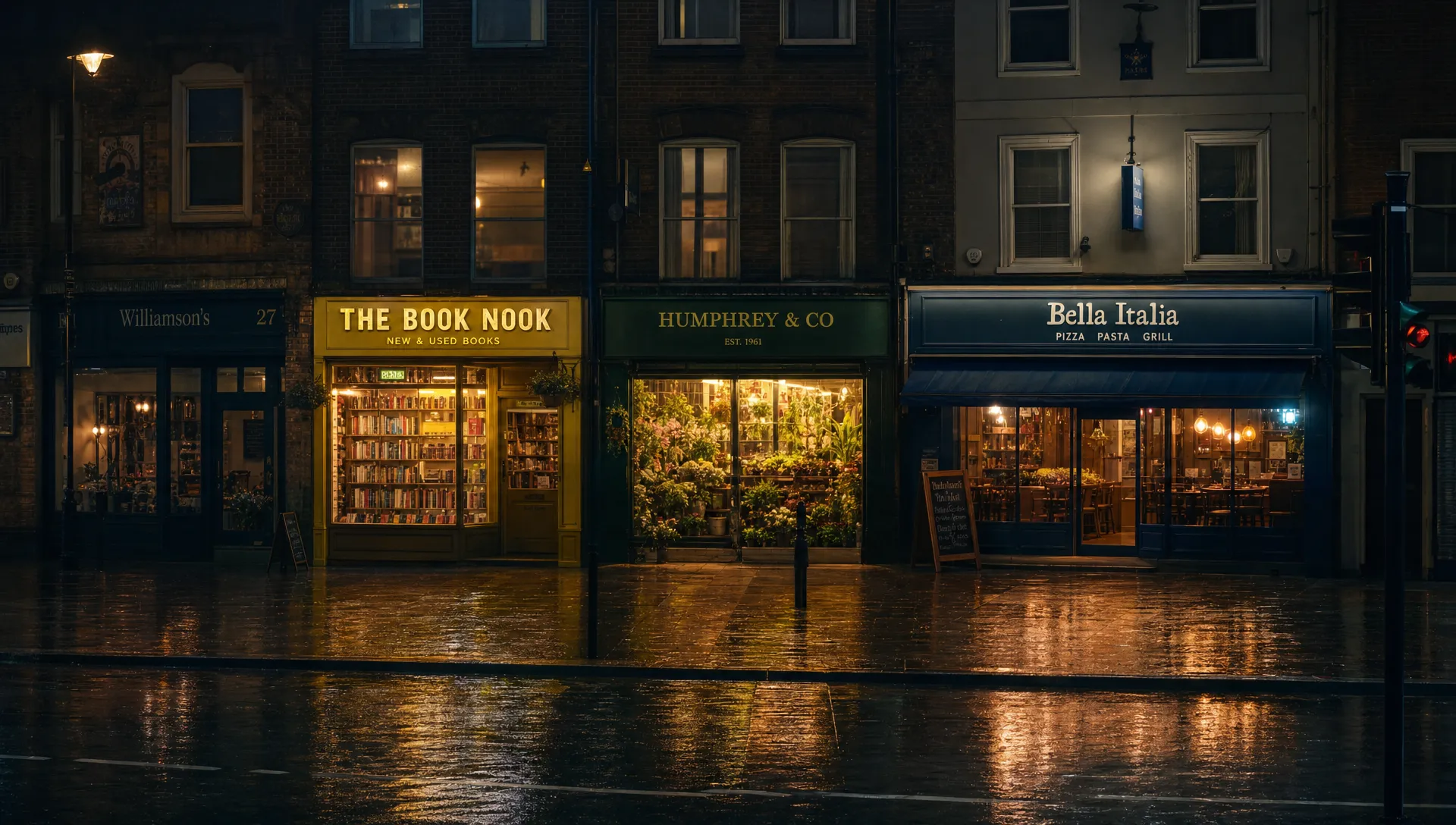 A rain-soaked British high street at night with three shopfronts glowing more brightly than the rest, reflected in wet pavement, suggesting the competition for local visibility on Google Maps.