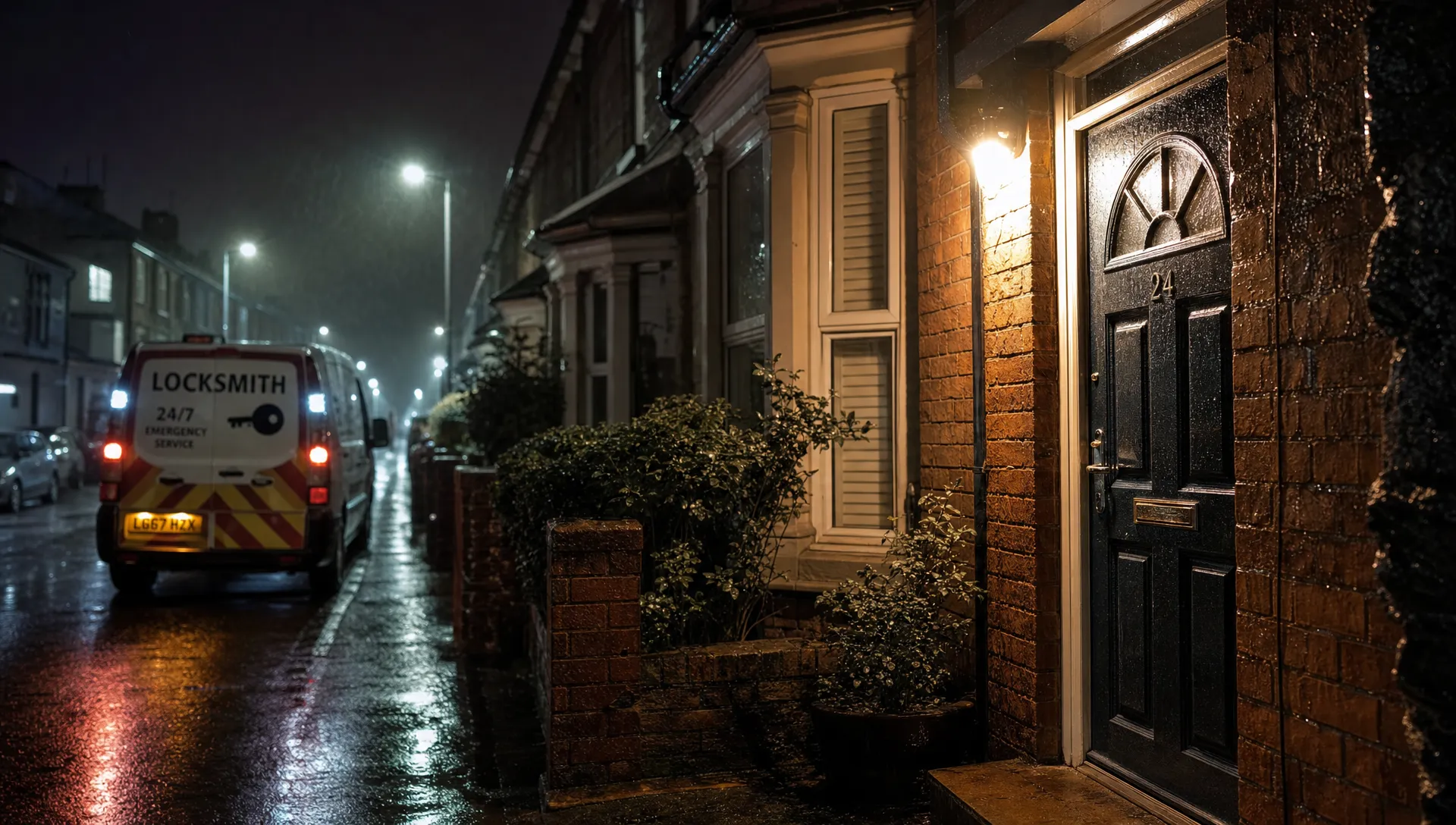 A rain-soaked residential street at night with a single locked front door lit by a harsh porch light, and a locksmith van blurred farther back on the road, creating a sense of urgent local callout.