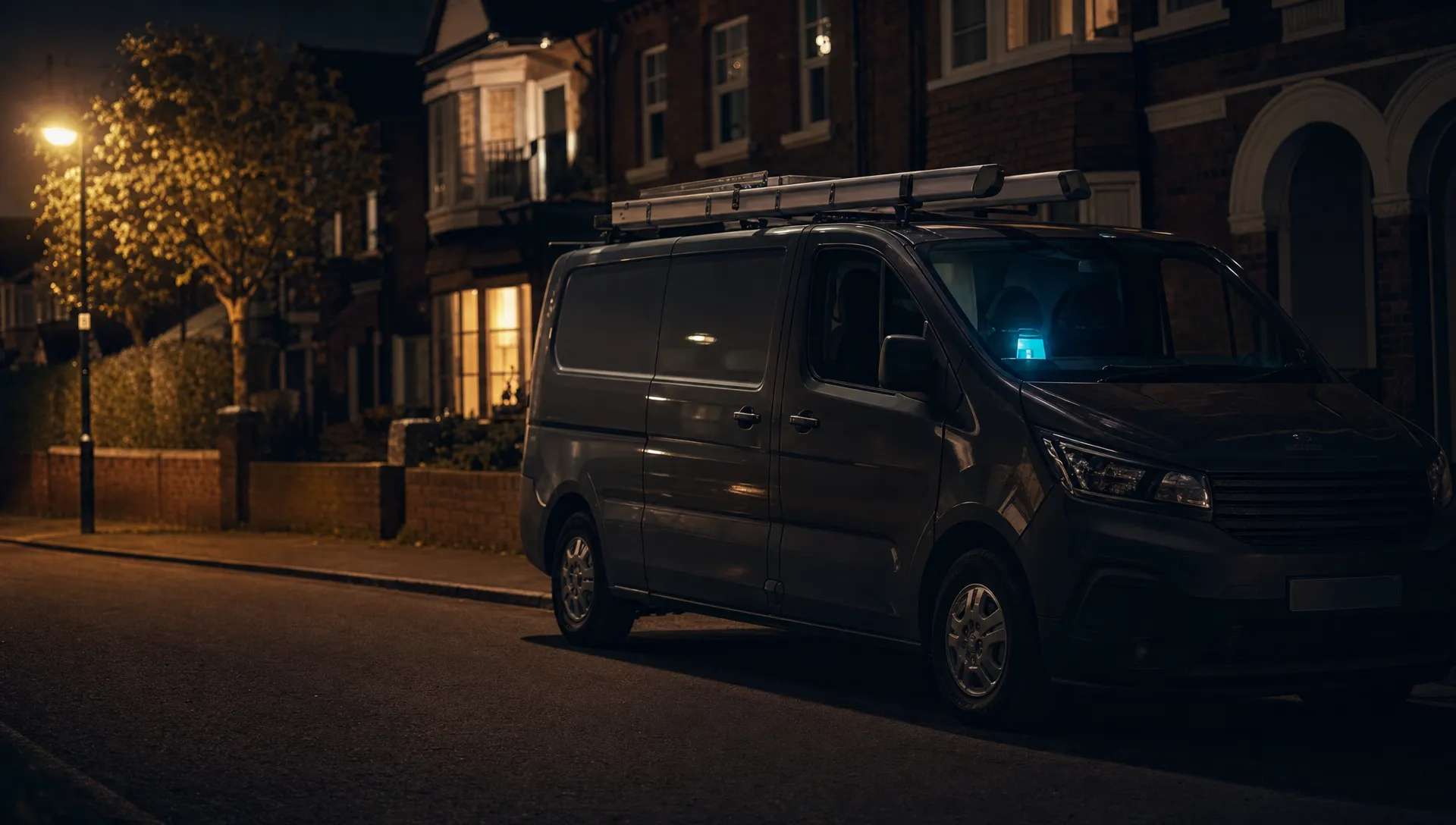 A tradesman’s van parked on a quiet residential street at night, with warm light from nearby houses and a glowing phone on the dashboard, creating a visual metaphor for being easy to find when customers need help.