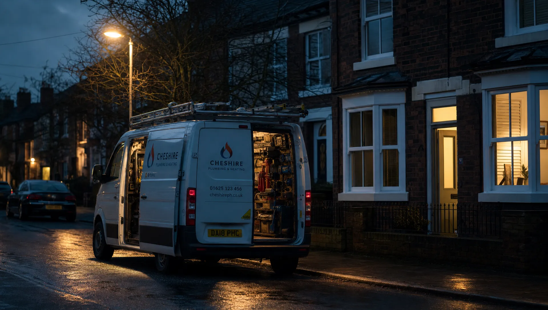 A tradesman's van parked under a streetlight on a wet Cheshire street at dusk, with a half-open side door, reflective puddles, and warm light spilling from nearby houses to suggest the next job waiting.