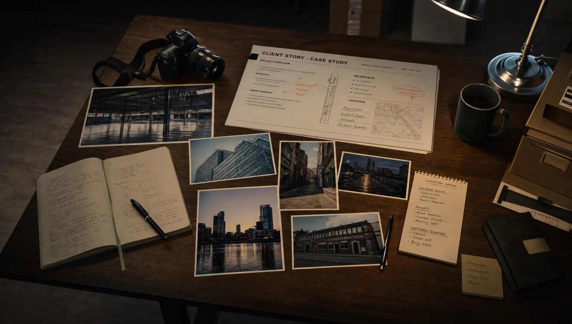 A wide overhead view of a case study planning table in a dim office, with printed photos, location notes, a marked-up brief and a worn notebook laid out as evidence for a client story.