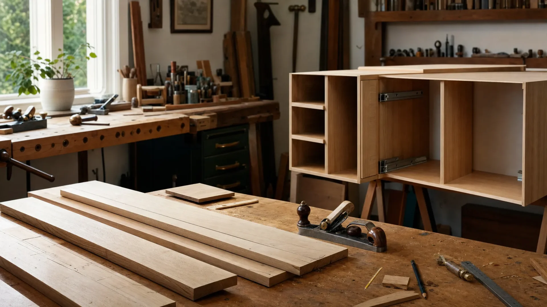 A wider view of fresh timber boards, hand tools, pencil marks, and a partially built fitted cabinet in a tidy workshop, with light catching the grain of the wood and more of the room visible in the background.