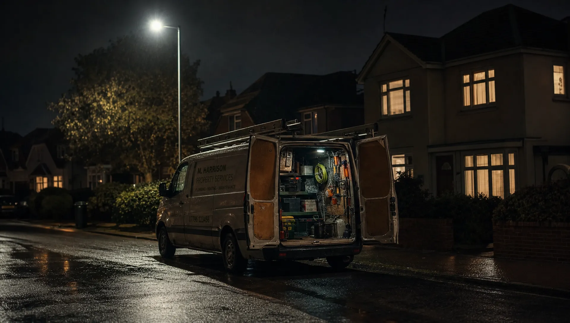 A work van parked on a wet residential road at night under one streetlight, with nearby house windows glowing faintly and tools visible in the back, suggesting a tradesman business trying to attract local customers.