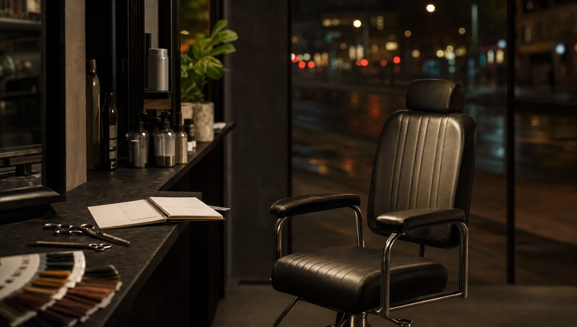 An empty salon chair under soft overhead light, with scissors, colour swatches and an appointment book on a nearby counter, while blurred evening street lights glow through the window outside.
