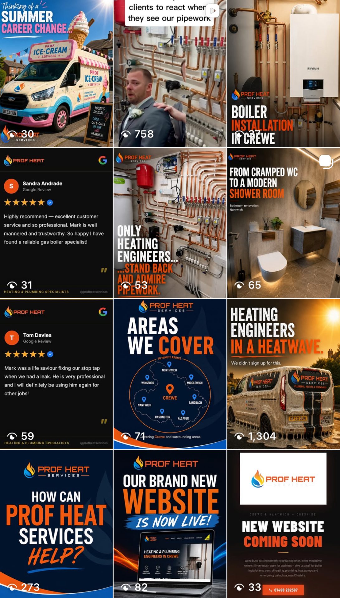 Prof Heat Services Instagram profile grid showing a mix of case studies, installs, reviews and branded posts