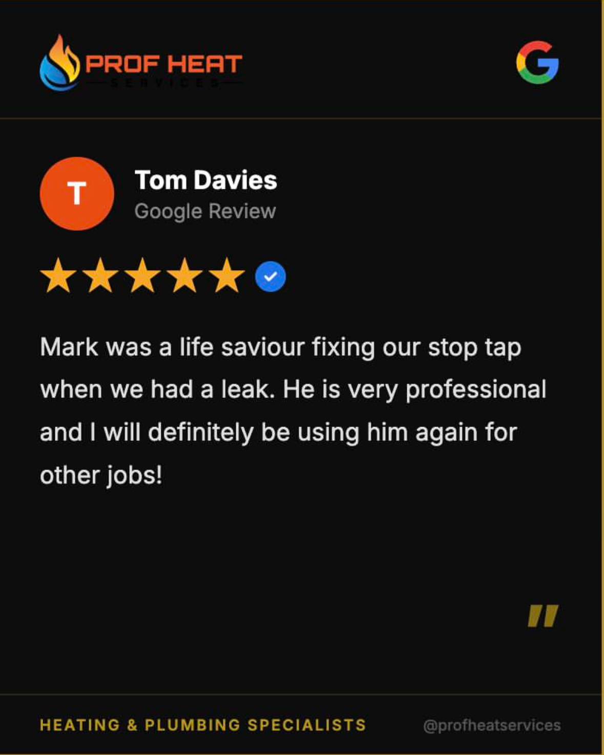 Prof Heat Services five star Google review testimonial post