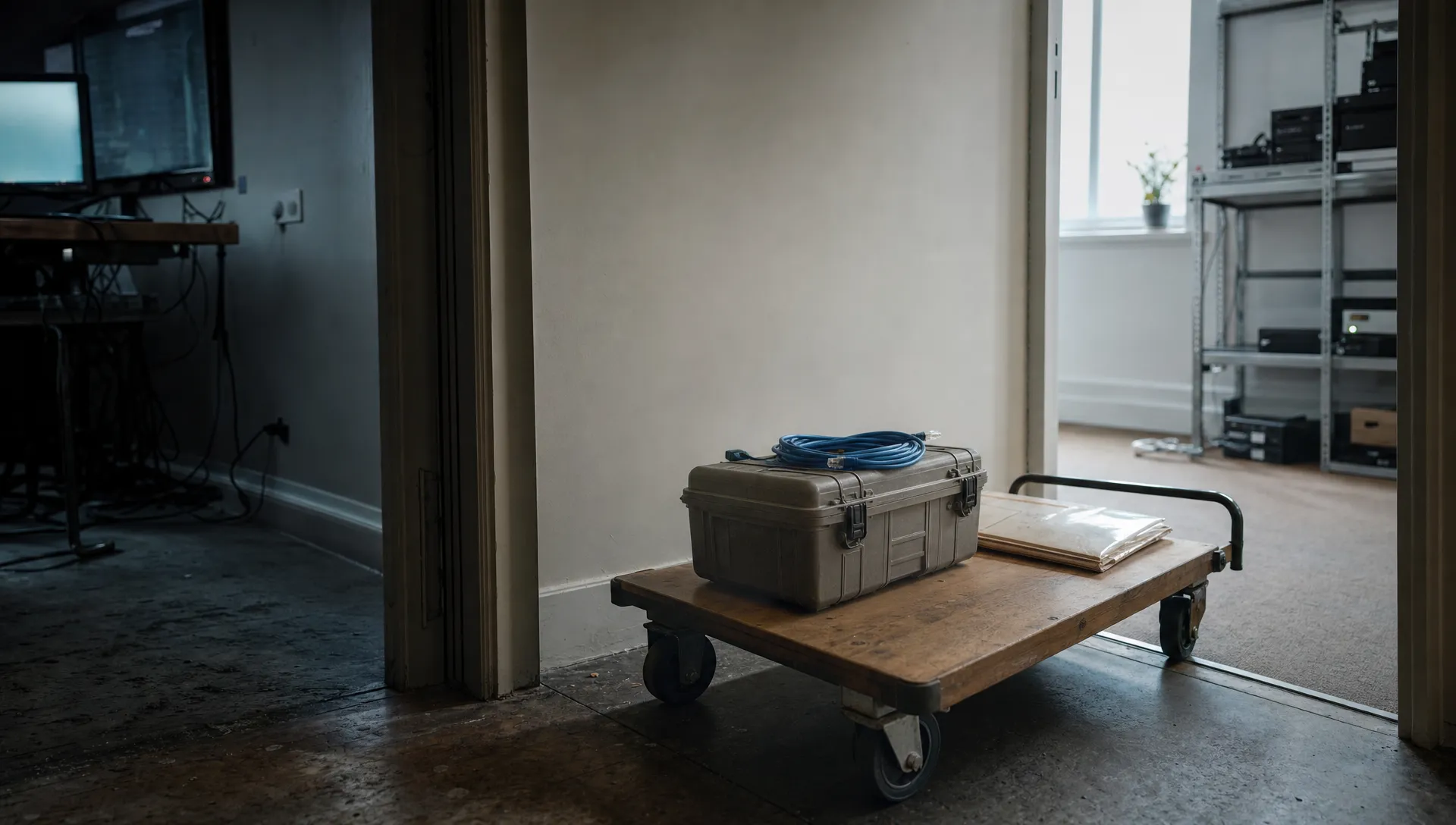 A box of website files and cables on a trolley hints at a careful web host change.