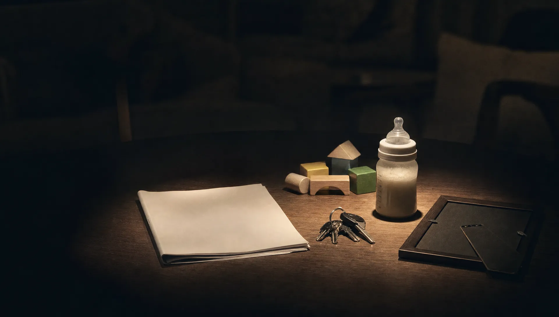 A cluster of childcare items on a table suggests proof, safety, and readiness for nursery parents.