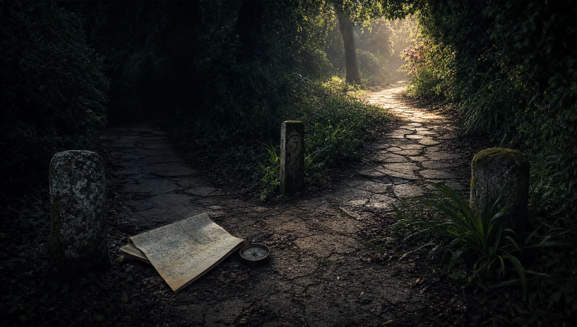 A cracked garden path splits in two, with one route lit and the other in shadow, suggesting a Google update has changed which pages deserve visibility.