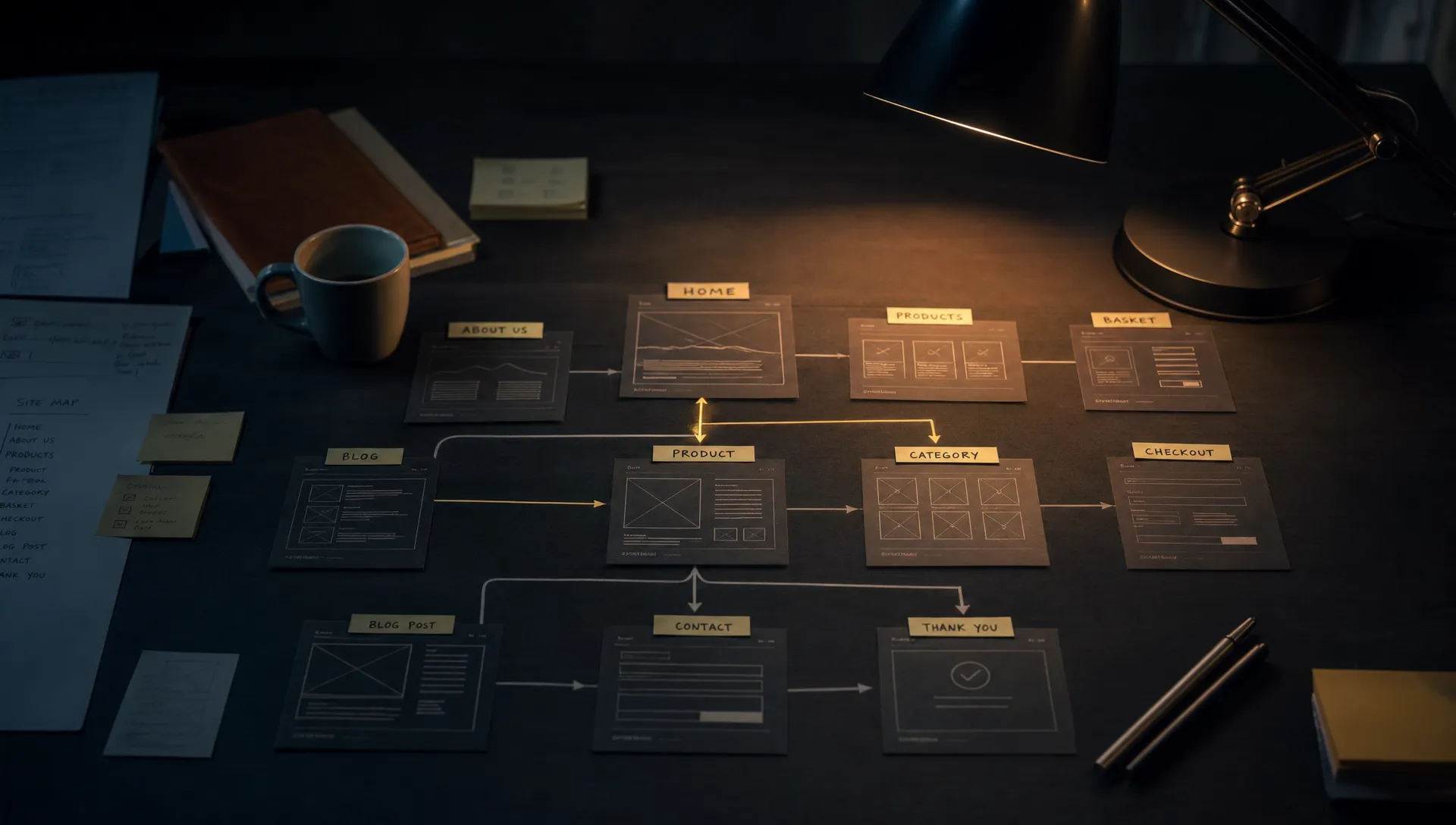 A dark desk covered with neatly labelled website pages, connecting lines between key URLs, and one bright lamp picking out the main route through the site.