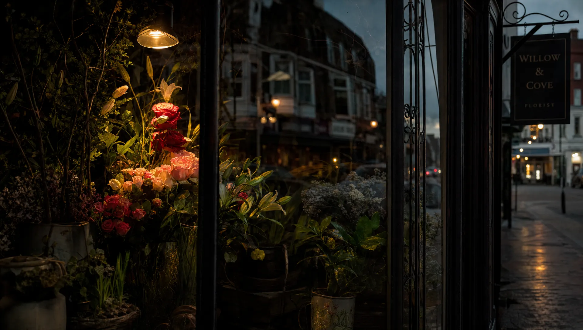 A dark florist shop window at dusk, with roses, lilies, and green foliage lit by a single warm lamp, while soft reflections of a quiet high street appear in the glass.