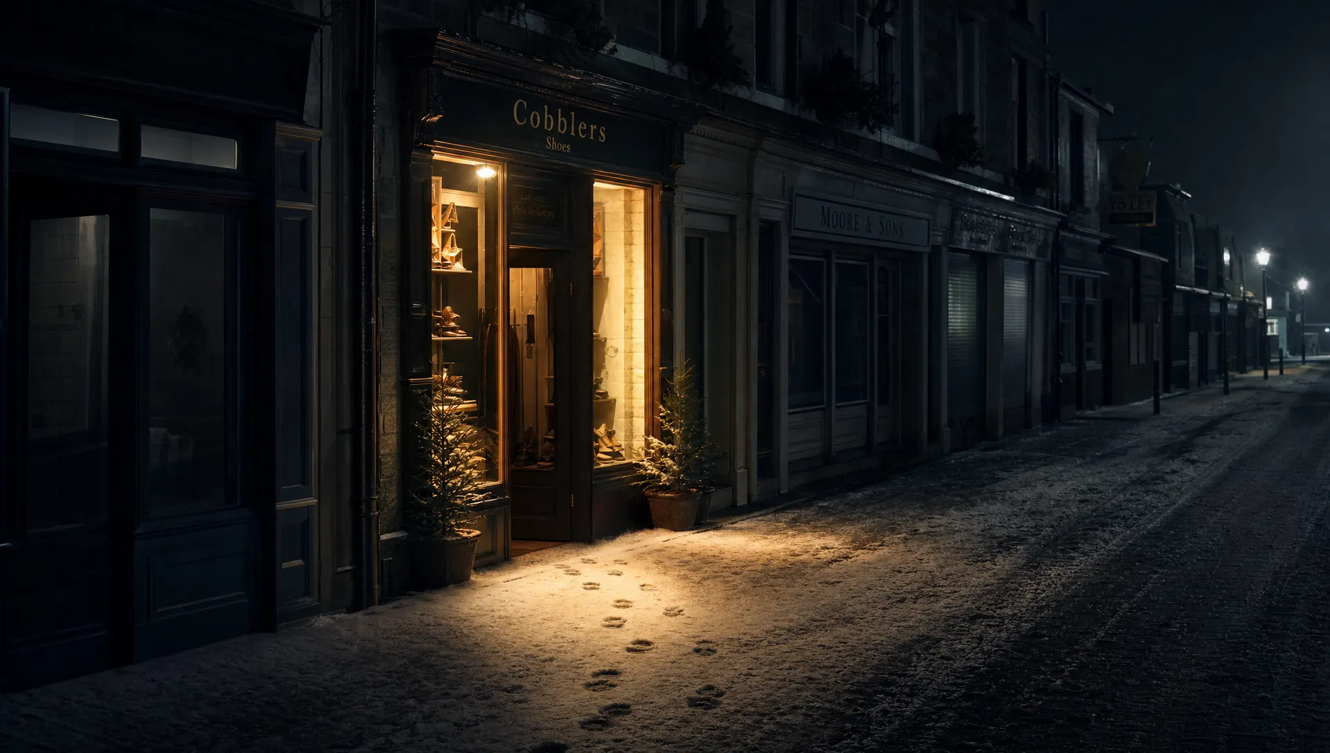 A dark high street at night with one warmly lit shop doorway drawing a clear trail of footprints from the pavement, while the surrounding shopfronts remain unlit and empty.