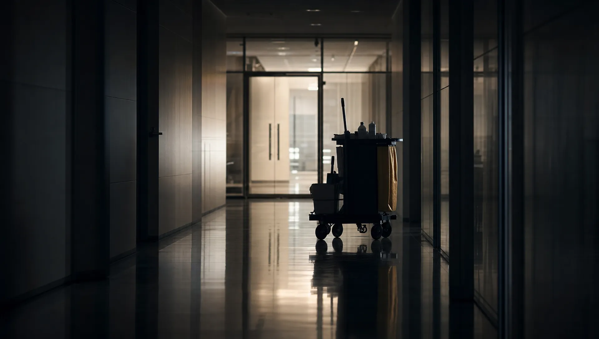 A dark, polished office corridor after hours with a single cleaning trolley reflected in the floor, glass doors at the far end and a strong pool of light suggesting trust, quiet work and long-term commercial contracts.