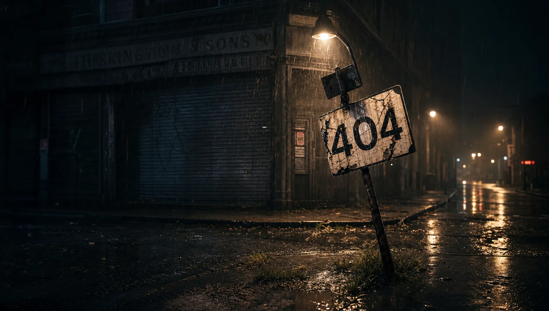 A dark, rain-soaked street with a single broken road sign marked 404 leaning under a flickering lamp, with a closed shopfront fading into shadow in the background.