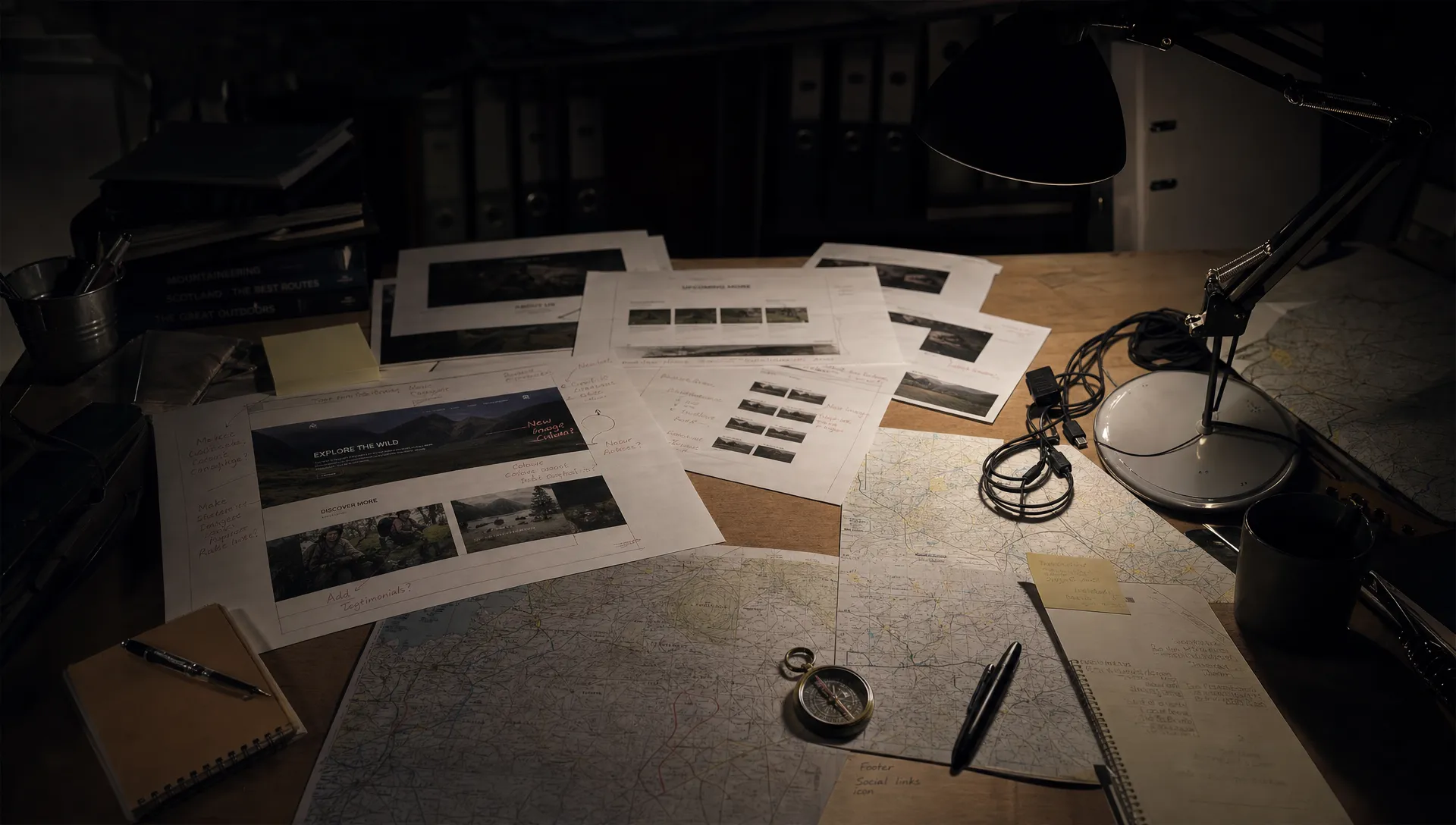 A dim office desk seen from slightly overhead, covered with marked-up website printouts, a compass, tangled cables, local maps and a single desk lamp throwing sharp shadows across the surface.