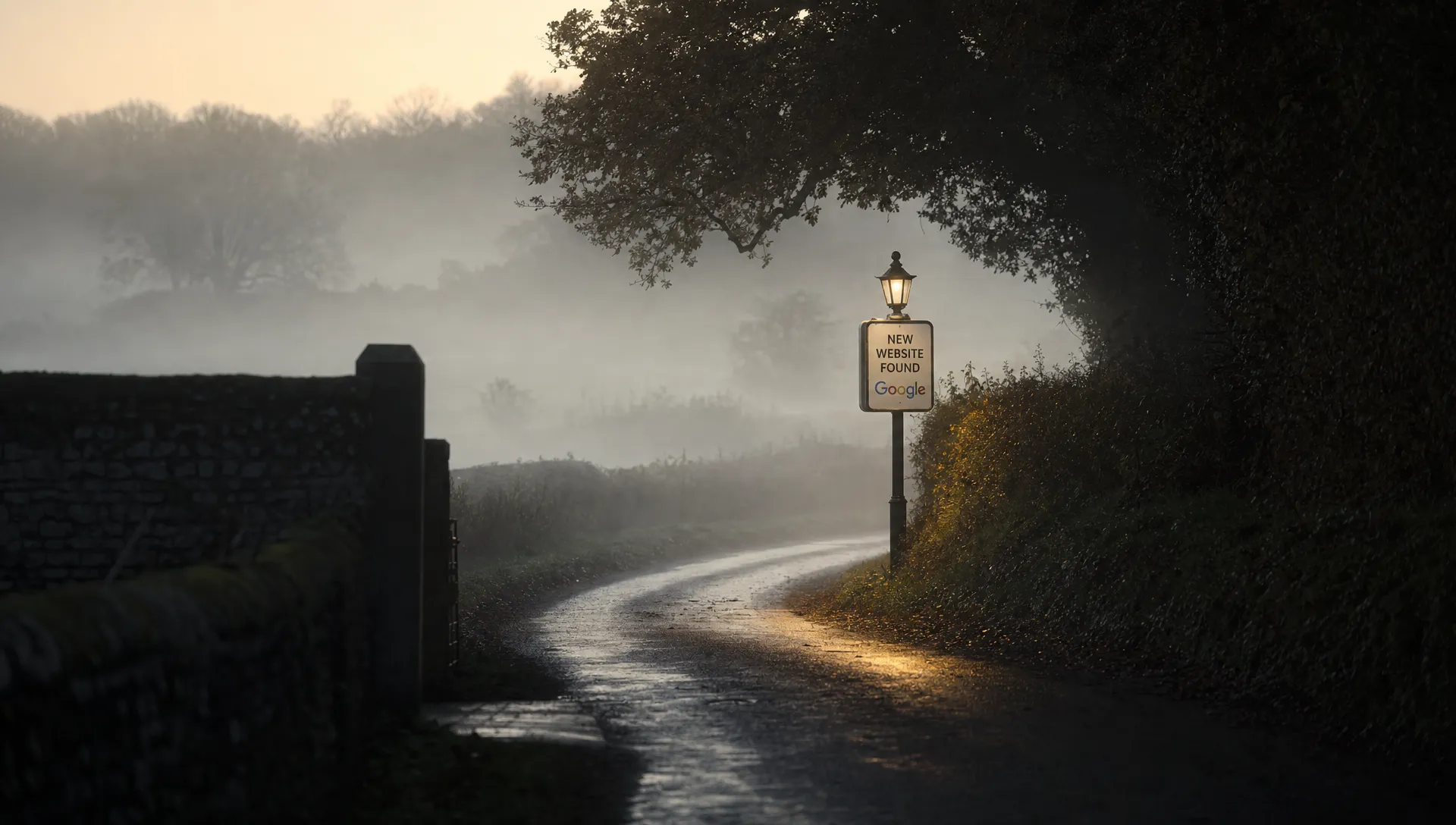 A foggy country lane at dawn with a single illuminated signpost coming into view at the bend in the road, suggesting a new website being found by Google.