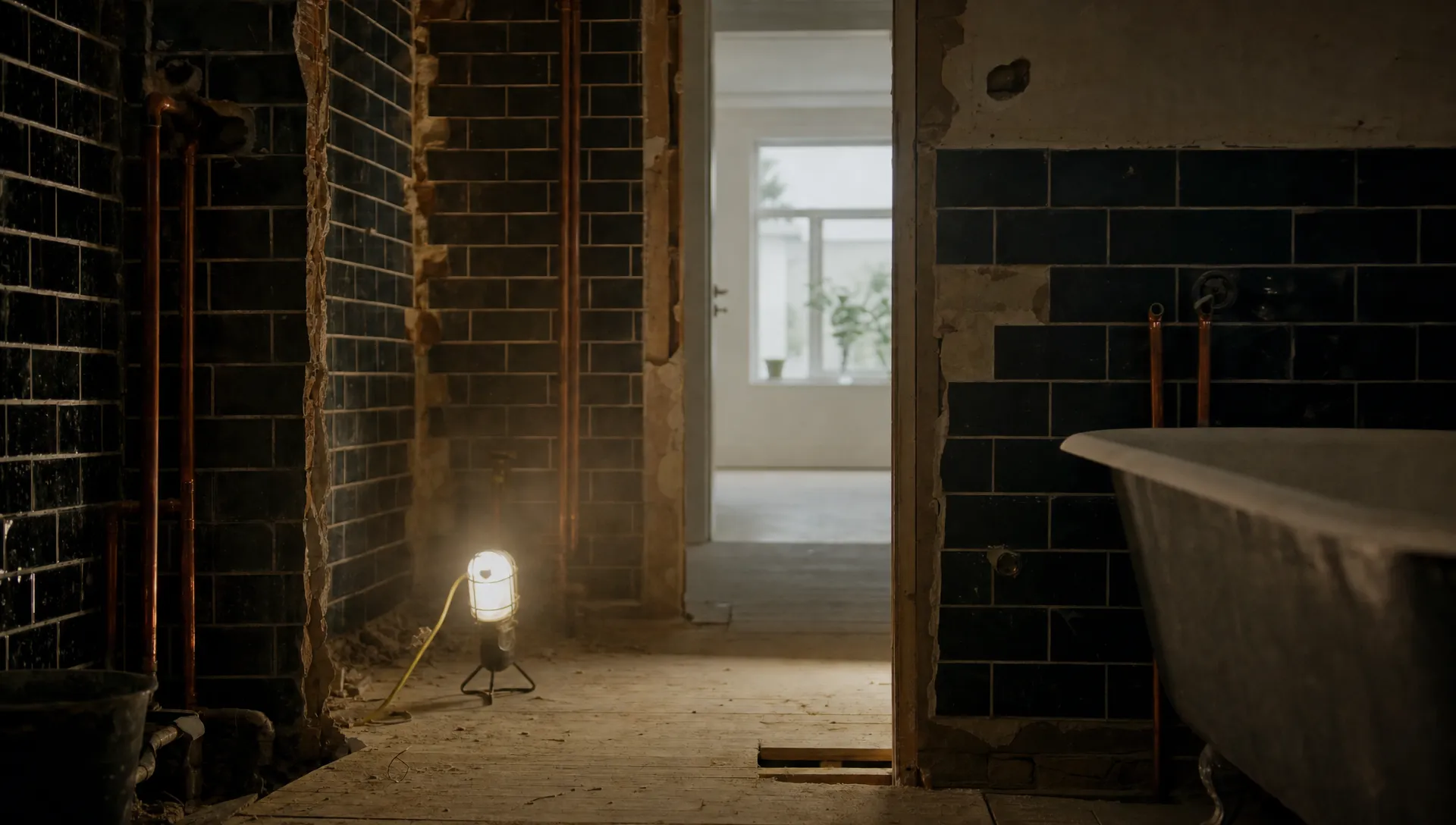 A half-renovated bathroom lit by a single work lamp, with exposed copper pipes, dark tiled walls, dust in the air and a bright doorway suggesting a finished space beyond.