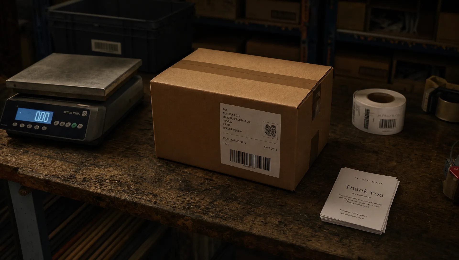 A labelled parcel, shipping scale and return cards on a packing bench show the practical side of product page SEO.